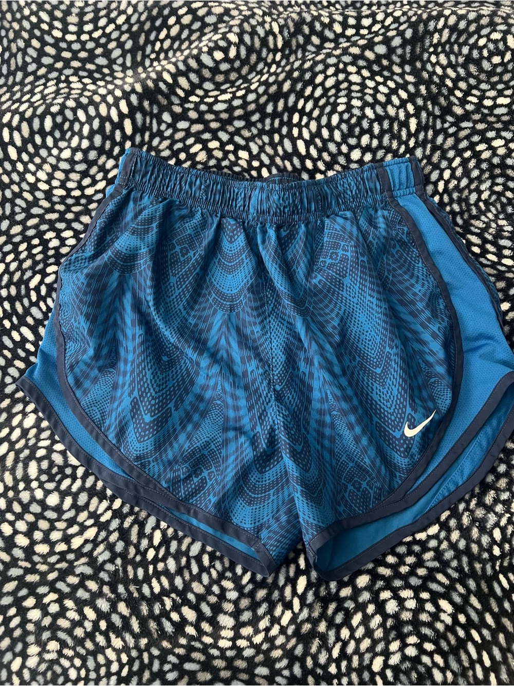 Nike Women's Blue Patterned Athletic Shorts with Navy Trim